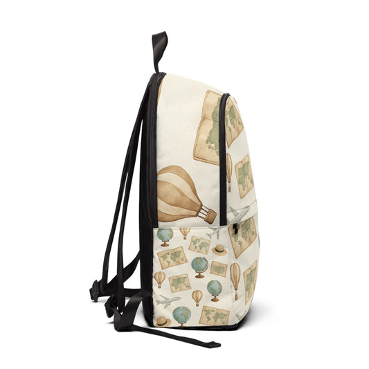 Adventure-Themed Unisex Fabric Backpack with World Map Design