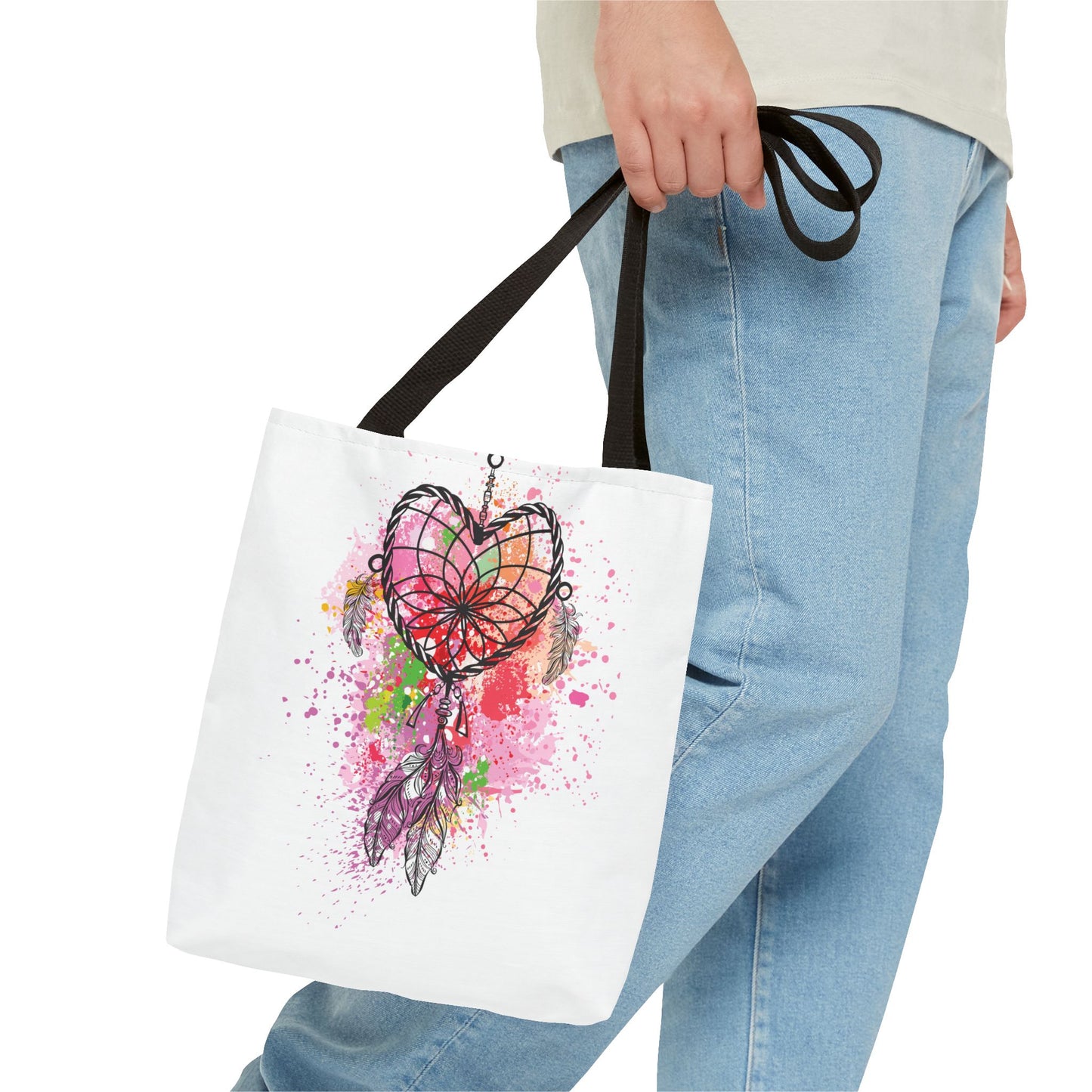 Dreamcatcher Tote Bag, Bohemian Style Bag, Heart Design Canvas Tote, Unique Gift for Her, Eco-Friendly Shopping Bag, Festival Accessory