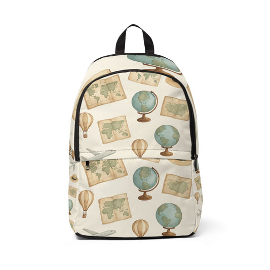 Adventure-Themed Unisex Fabric Backpack with World Map Design