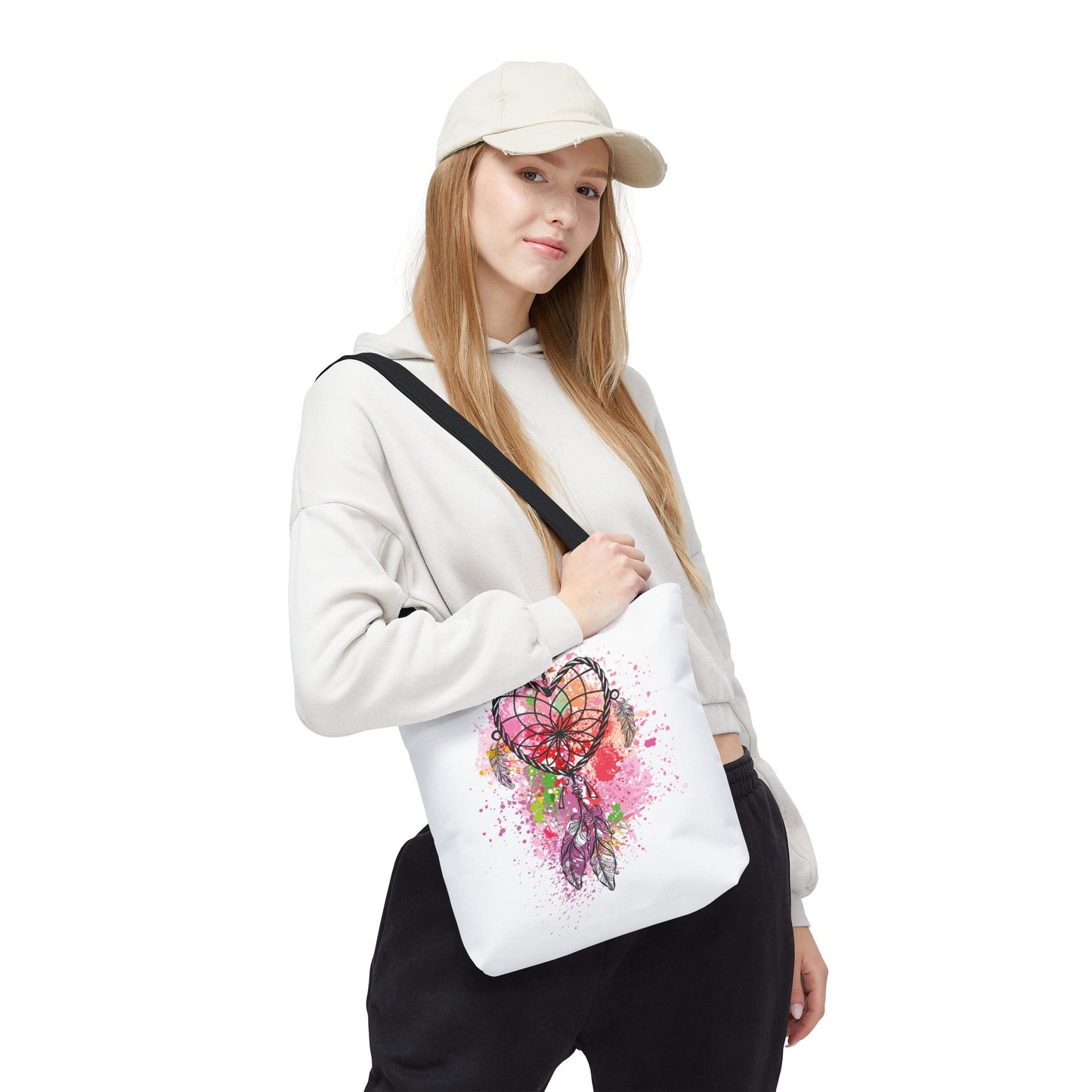 Dreamcatcher Tote Bag, Bohemian Style Bag, Heart Design Canvas Tote, Unique Gift for Her, Eco-Friendly Shopping Bag, Festival Accessory