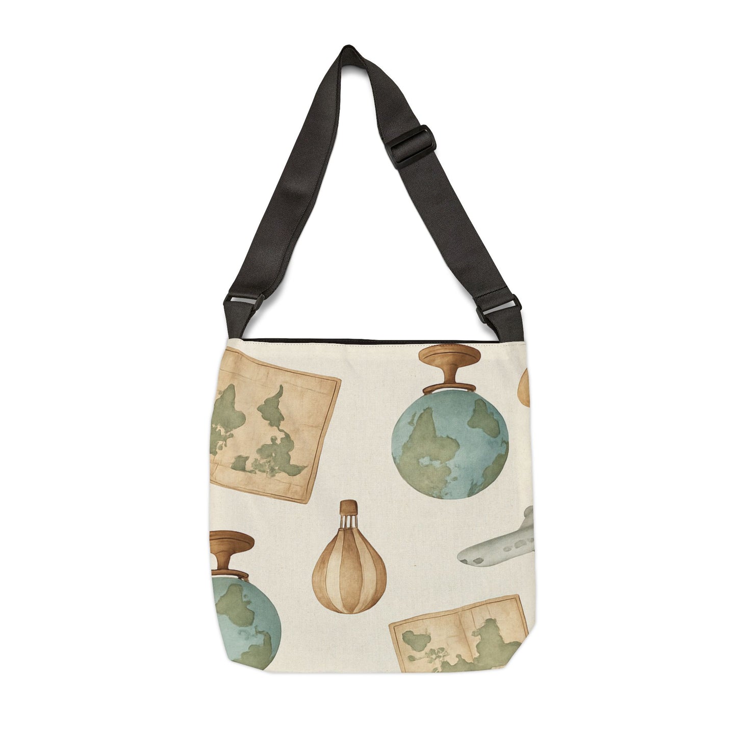 Travel-Inspired Adjustable Tote Bag with Maps and Globes