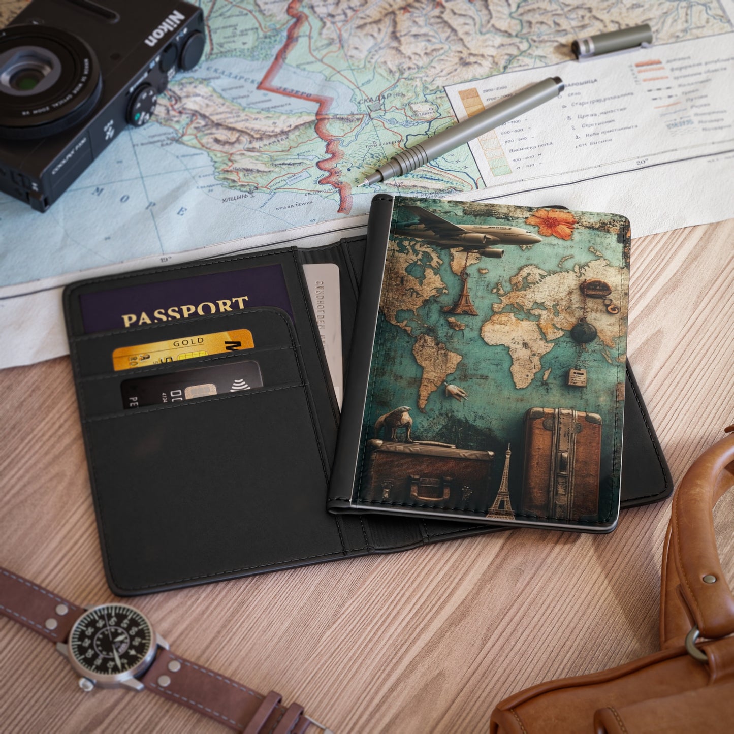Vintage Travel Passport Cover - World Map Design