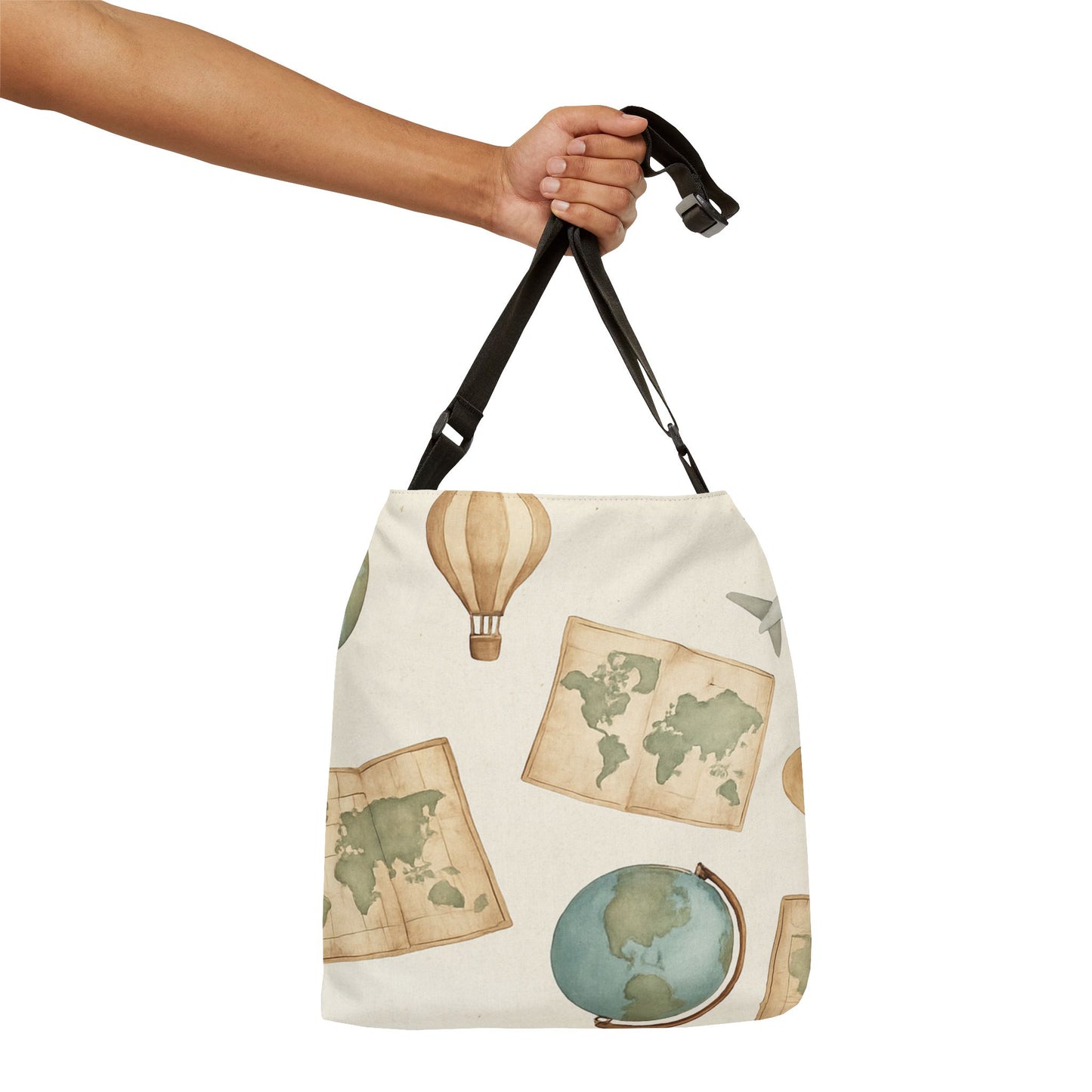 Travel-Inspired Adjustable Tote Bag with Maps and Globes
