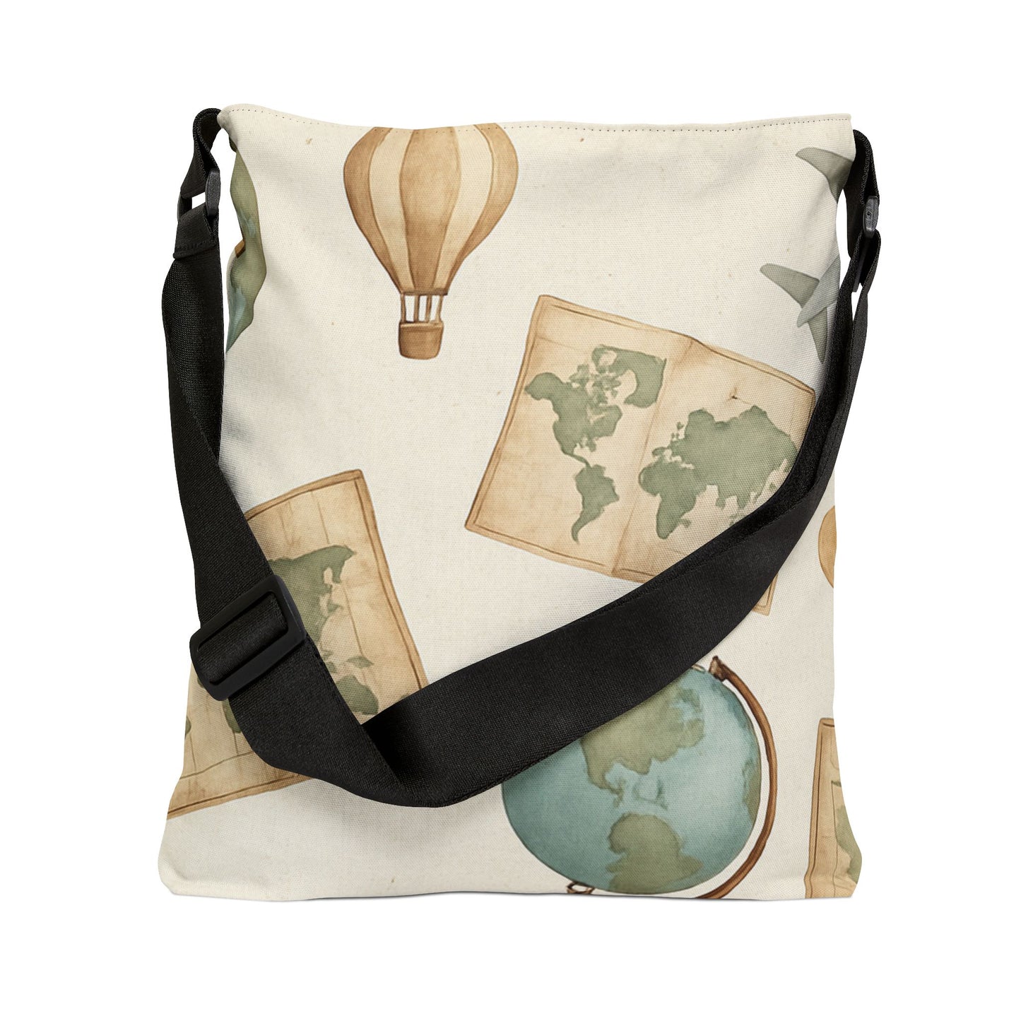Travel-Inspired Adjustable Tote Bag with Maps and Globes