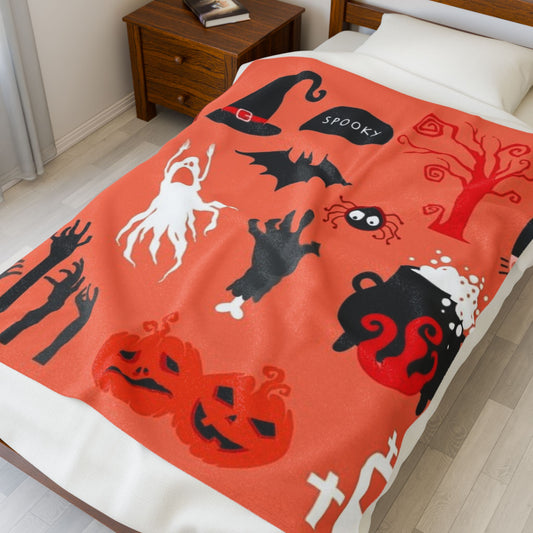 Spooky Halloween Velveteen Plush Blanket, Cozy Throw Blanket, Fall Decor, Halloween Gift, Ghosts & Ghouls Design