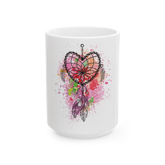 Dreamcatcher Heart Ceramic Mug - Colorful Spiritual Coffee Cup, Gift for Him/Her, Home Decor, Bohemian Style Drinkware