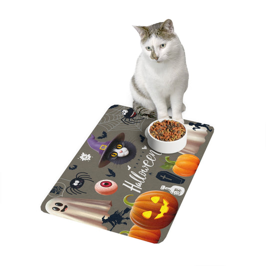 Cute Halloween Pet Food Mat with Ghosts and Pumpkins, Halloween Decor for Dogs and Cats, Feeding Mat, Seasonal Pet Accessory