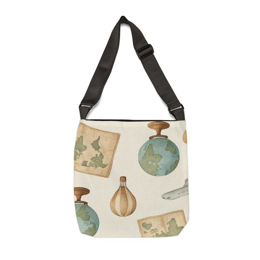 Travel-Inspired Adjustable Tote Bag with Maps and Globes