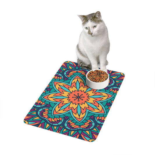 Colorful Pet Food Mat, Decorative Dog Bowl Mat, Cat Feeding Mat, Mandala Design Pet Tray, Unique Pet Bowl Rug, Home Décor for Pet Lovers