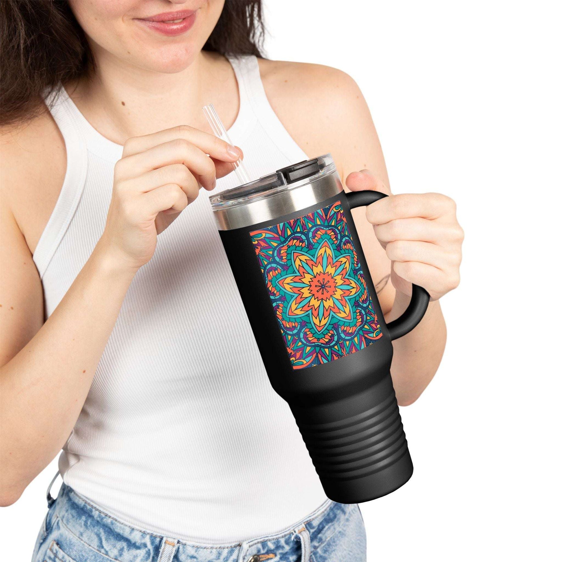 Colorful Mandala Insulated Travel Mug, 40oz - Perfect for Coffee Lovers, On-the-Go Hydration, Gifts, and Celebrations