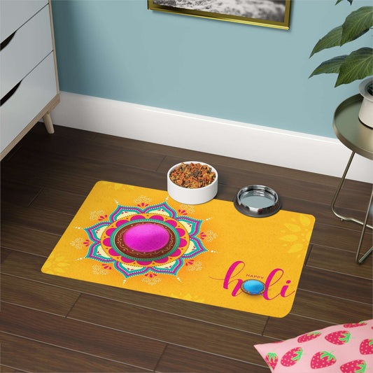 Colorful Holi Pet Food Mat | Festive Pet Feeding Tray for Dogs & Cats | Decorative Pet Bowl Placemat | Unique Gift for Pet Lovers