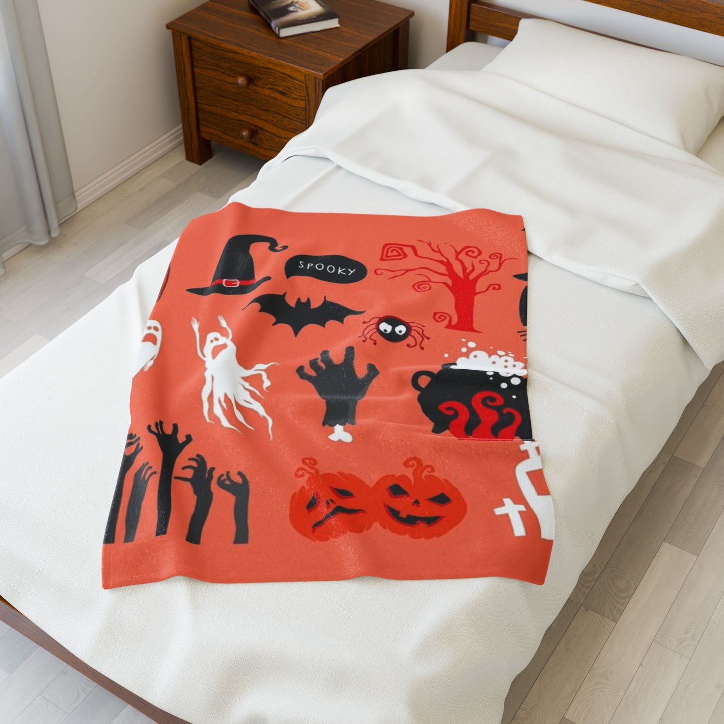 Spooky Halloween Velveteen Plush Blanket, Cozy Throw Blanket, Fall Decor, Halloween Gift, Ghosts & Ghouls Design