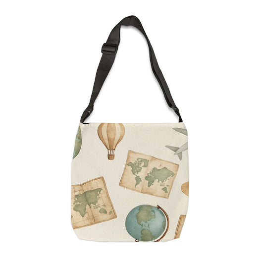 Travel-Inspired Adjustable Tote Bag with Maps and Globes
