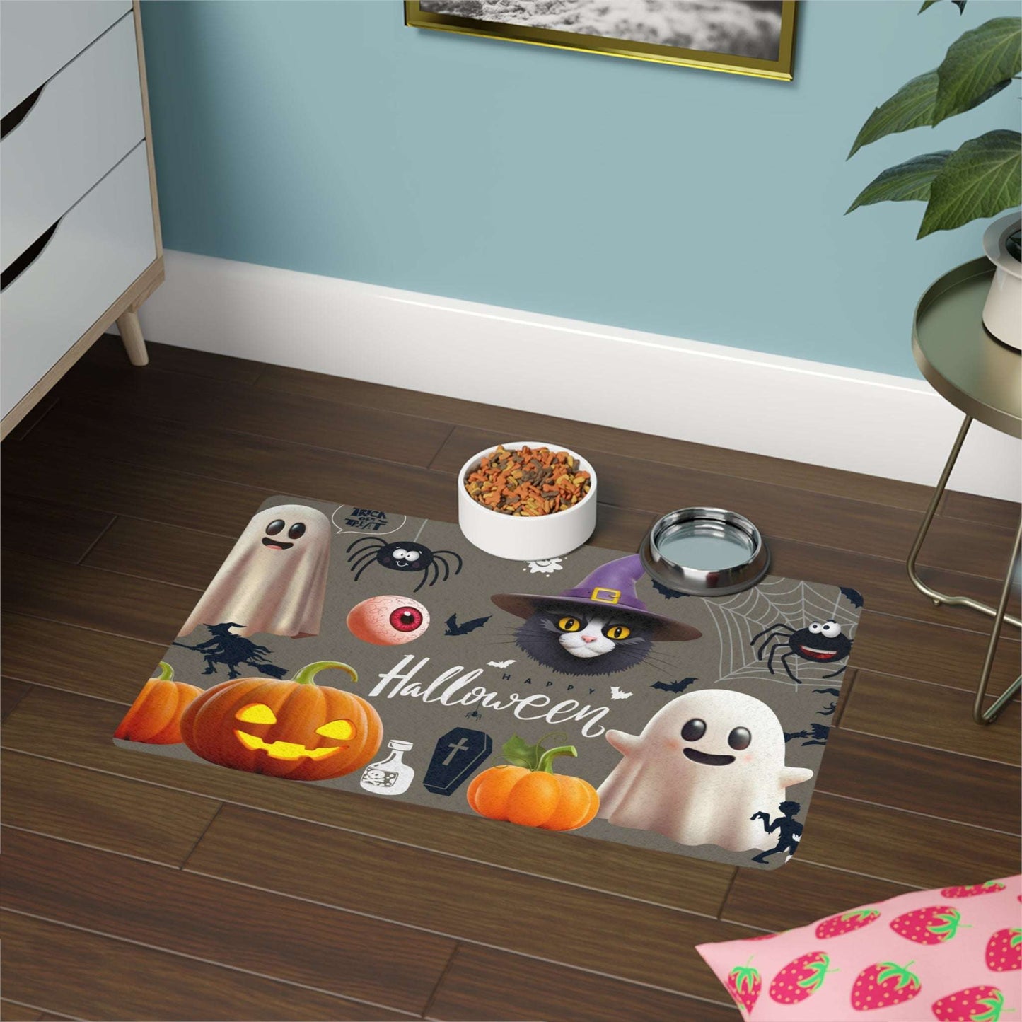 Cute Halloween Pet Food Mat with Ghosts and Pumpkins, Halloween Decor for Dogs and Cats, Feeding Mat, Seasonal Pet Accessory